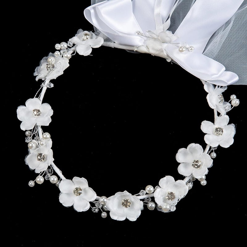 DDazzling Flower Crown Girls First Communion White Floral Wreath Lace Veil - Image 1